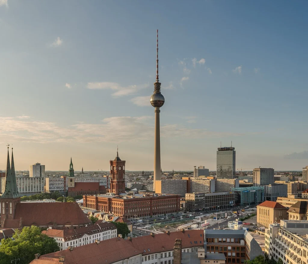 La torre della televisione e il Rotes Rathaus visti dall'alto, a Berlino