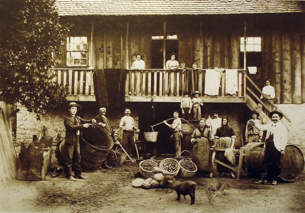 Famiglia di coloni in posa davanti a una grande casa di legno con ballatoio: uomini con tini e ceste, donne e bambini, un maiale e una gallina sull'aia