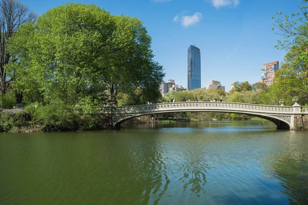 Il Bow Bridge sul lago di Central Park tra alberi verdi, con un grattacielo di Central Park South sullo sfondo
