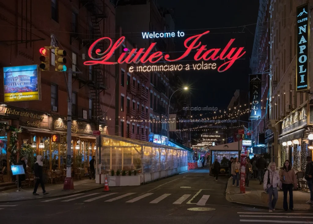 Mulberry Street a Little Italy di sera, con l'insegna luminosa "Welcome to Little Italy" sopra la strada e i ristoranti illuminati