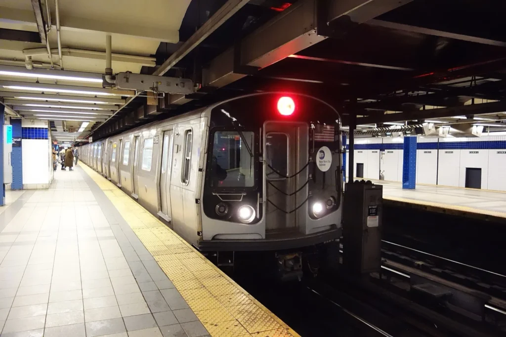 Un treno della linea C della metropolitana entra nella stazione di Canal Street, a Manhattan